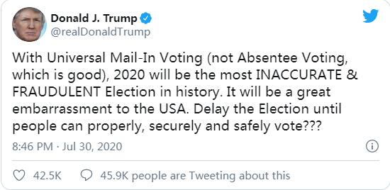 突发！特朗普建议推迟美国2020年大选
